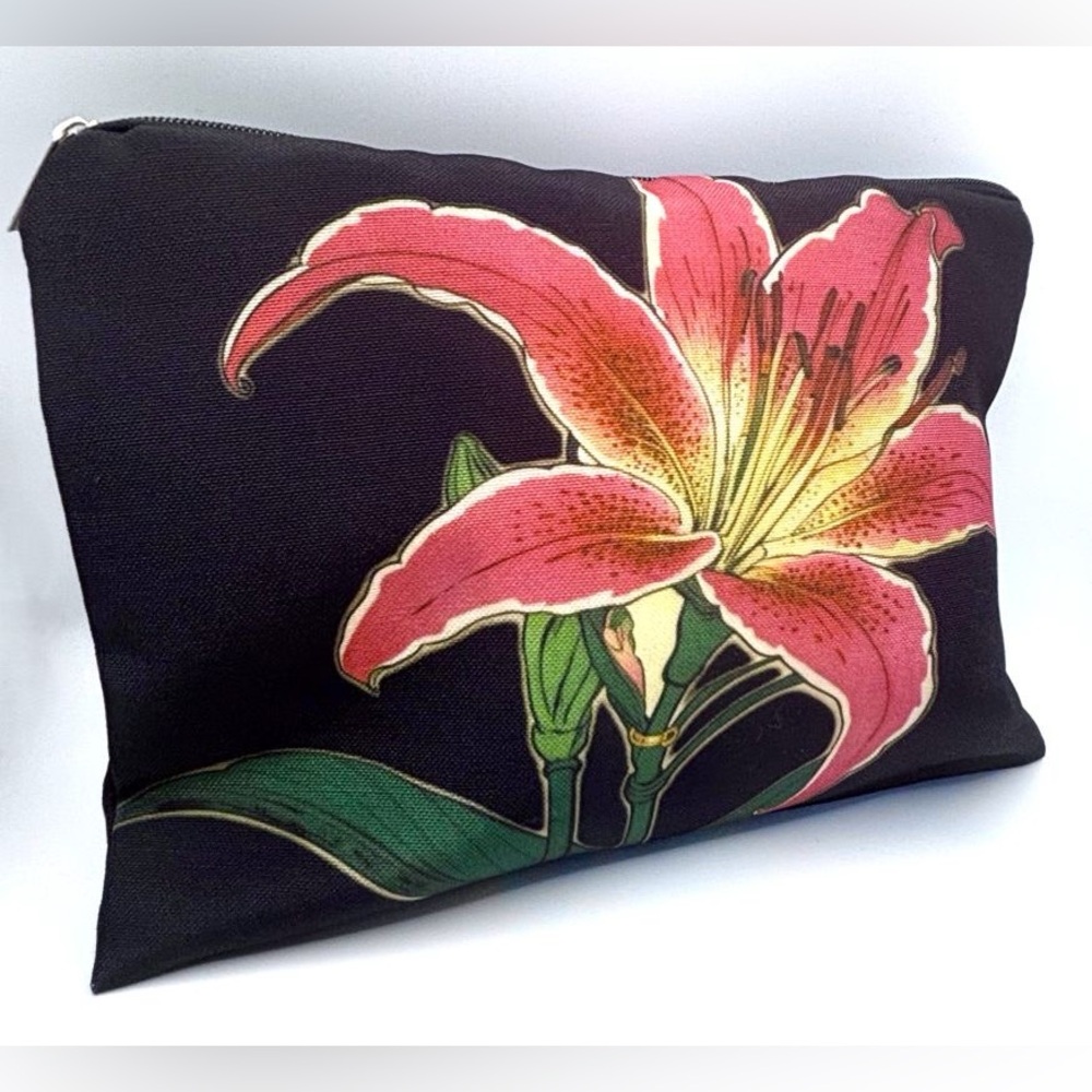 Magenta Lily in Bloom Flower Black Zippered Pouch Cosmetics Makeup Travel Bag